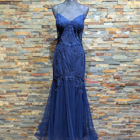 Blondie Nites Navy Blue Embroidered Sheer Bodice Mermaid Gown, Size 15