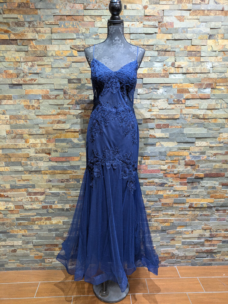 Blondie Nites Navy Blue Embroidered Sheer Bodice Mermaid Gown, Size 15