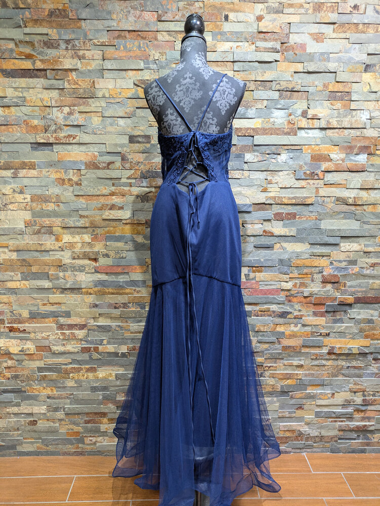 Blondie Nites Navy Blue Embroidered Sheer Bodice Mermaid Gown, Size 15