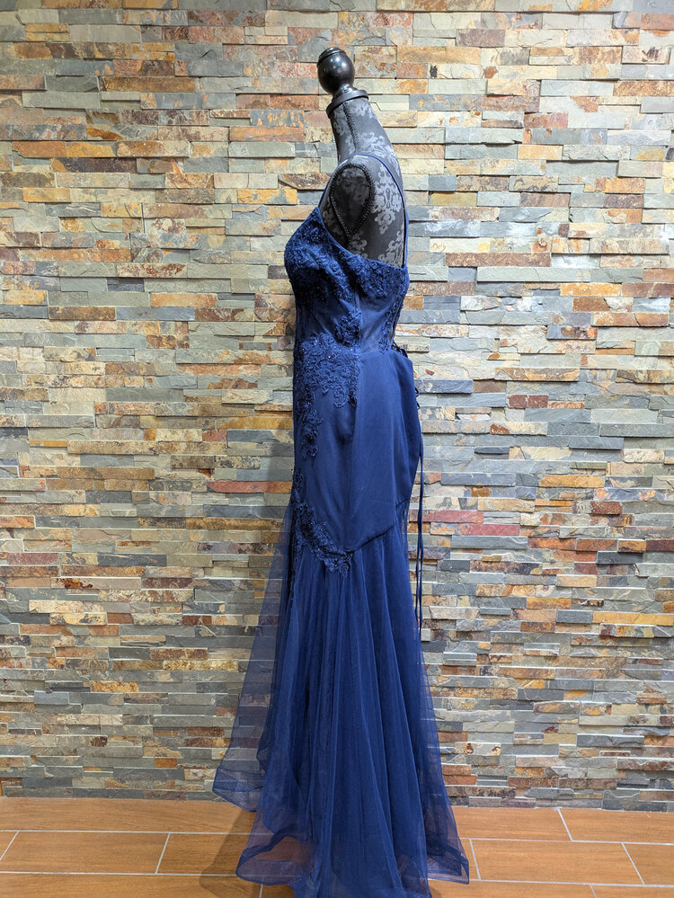 Blondie Nites Navy Blue Embroidered Sheer Bodice Mermaid Gown, Size 15