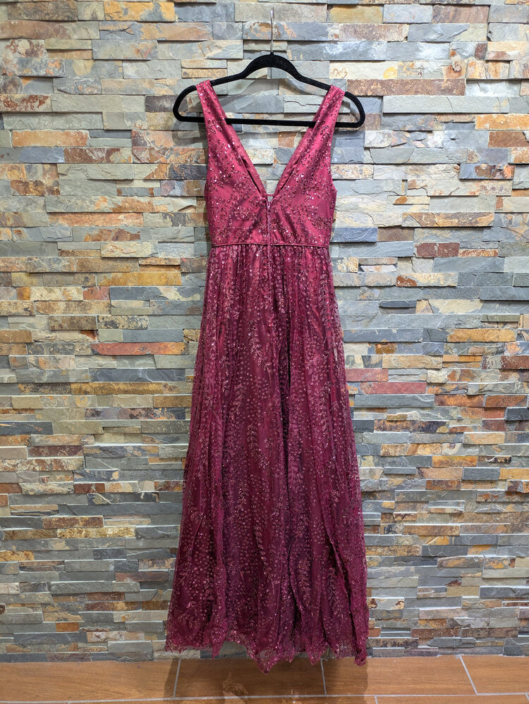 Blondie Nites Maroon Sequin V-Neck Flare Gown, Size 0