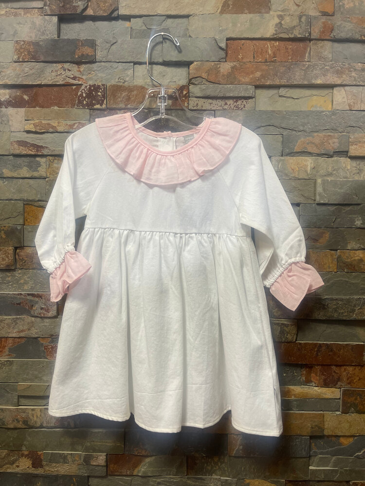 White Cotton Dress with Pink Collar &Sleeve Trim