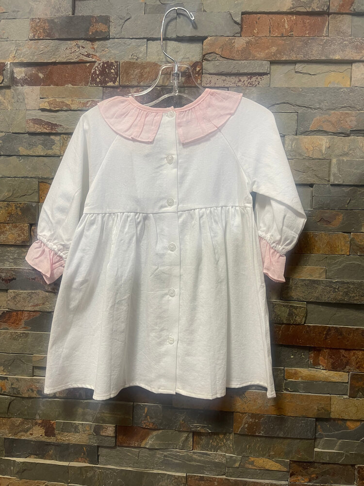 White Cotton Dress with Pink Collar &Sleeve Trim