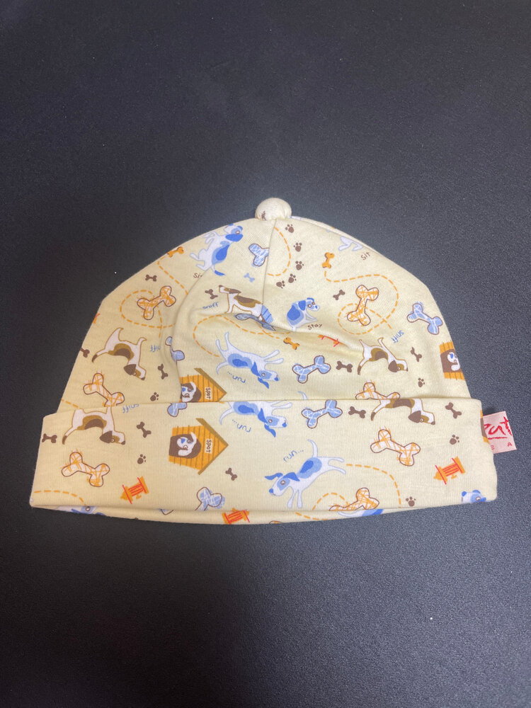 Butter Yellow Dog Print Beanie, Size 6-12M