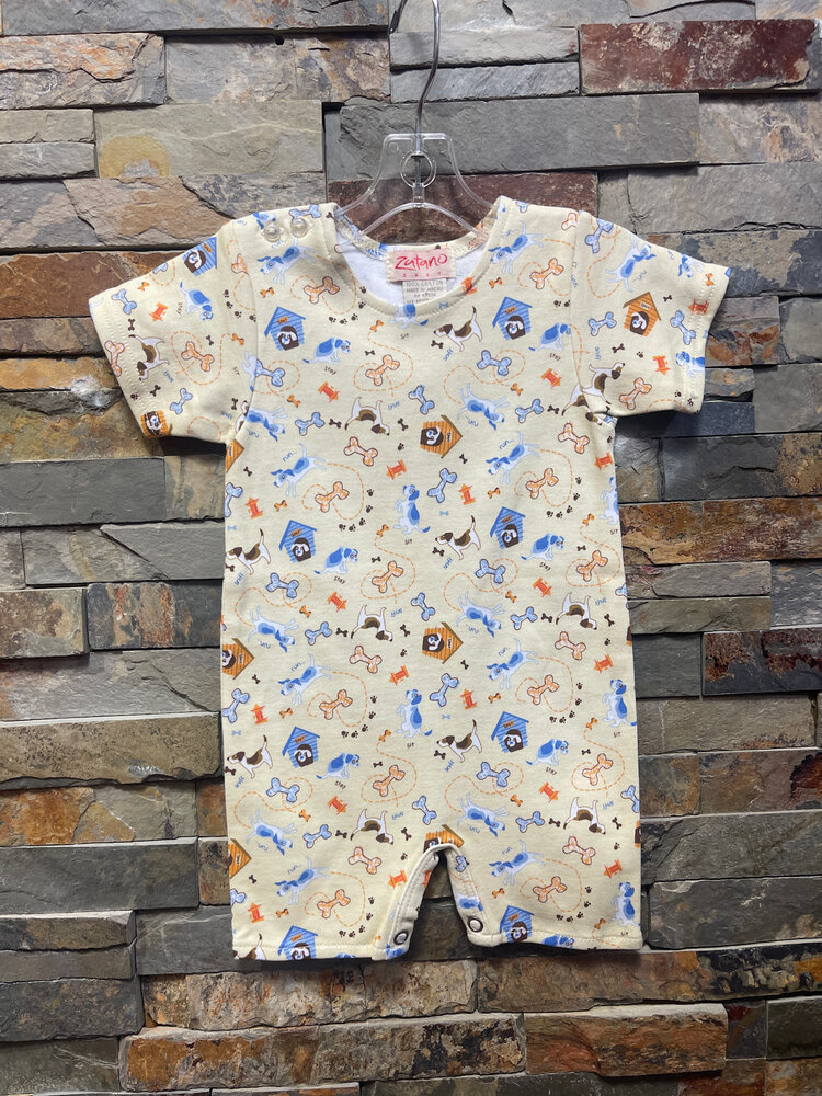 Butter Yellow Dog Print Shortall, Size 0-6M