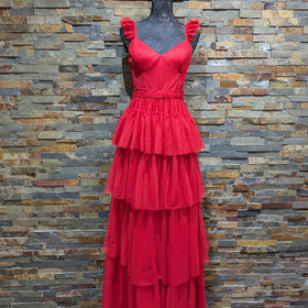 Blondie Nites Red Corset Top Mesh Accented Gown, Size 11