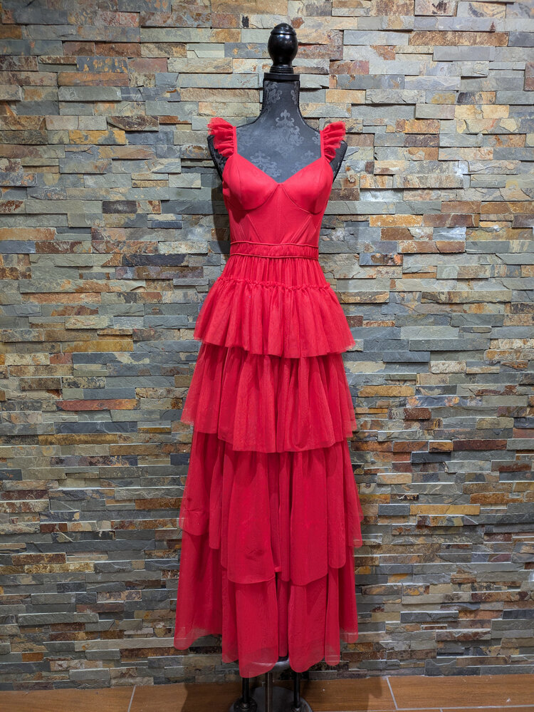Blondie Nites Red Corset Top Mesh Accented Gown, Size 11