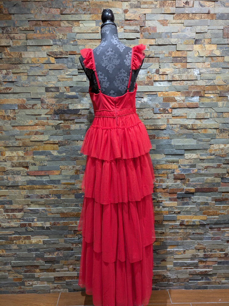 Blondie Nites Red Corset Top Mesh Accented Gown, Size 11