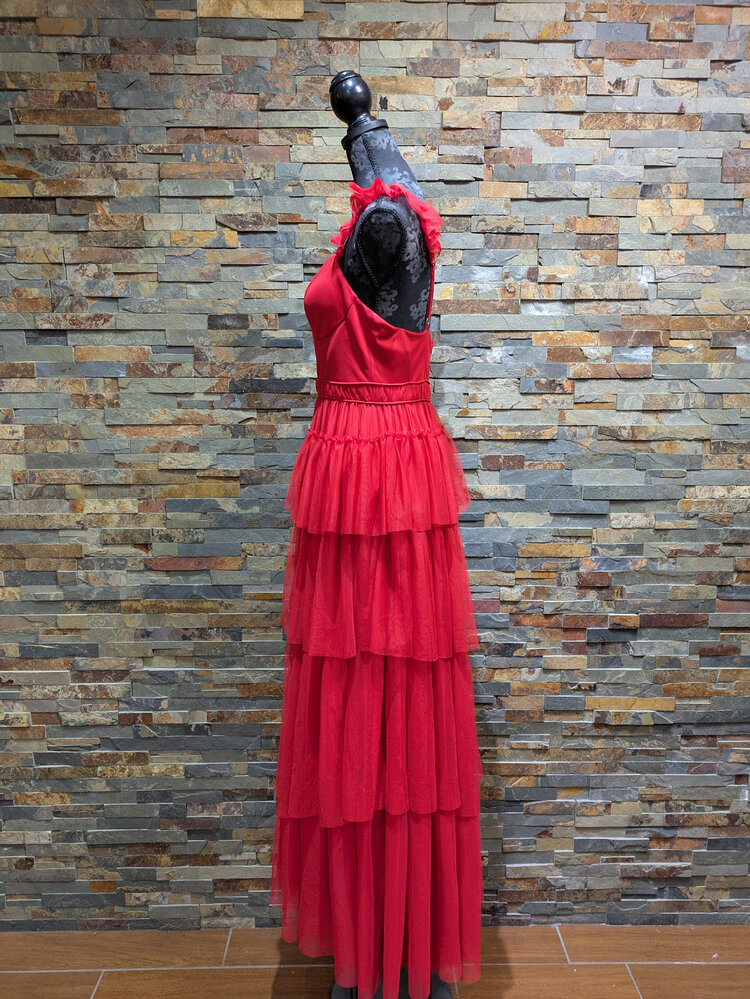 Blondie Nites Hot Red Mesh Accented Gown, Size 11