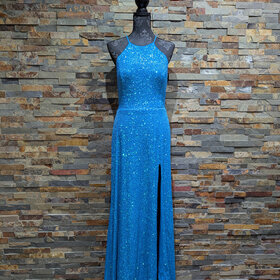 Blondie Nites Blue Sequin Halter Top Gown, Size 15