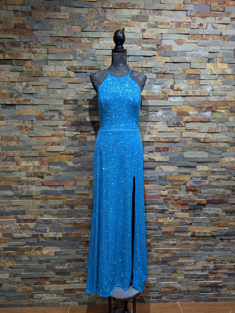 Blondie Nites Blue Sequin Halter Top Gown, Size 15