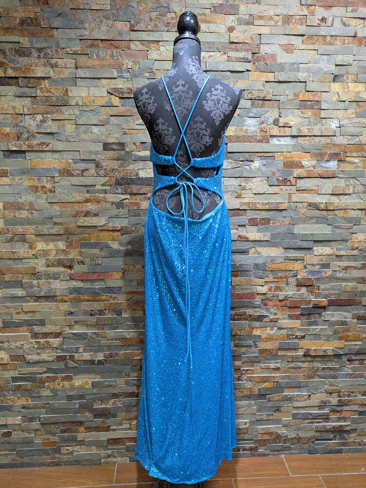 Blondie Nites Blue Sequin Halter Top Gown, Size 15