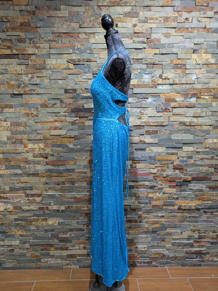 Blondie Nites Blue Sequin Halter Top Gown, Size 15