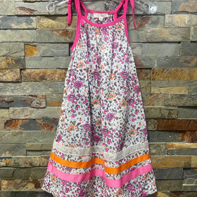 White with Pink Floral Sleeveless Ribbon Trimmed Dress, Size 6