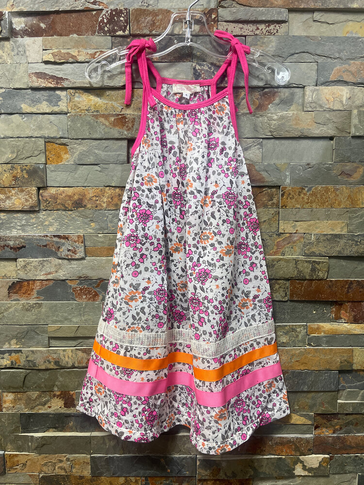 White with Pink Floral Sleeveless Ribbon Trimmed Dress, Size 6