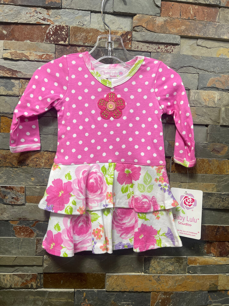 Pink Floral and Dots Cotton Dress, Size 9M