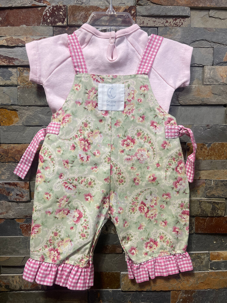 Pink Floral Bib Overall Set, Size 6M