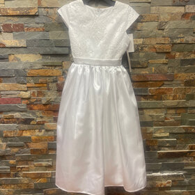 White Satin and Lace Bodice Dress w/ Hand Beaded Embellishments, Size 8