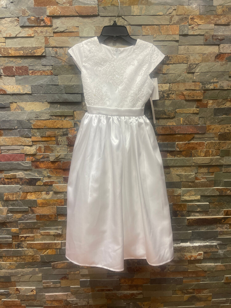 White Satin and Lace Bodice Dress w/ Hand Beaded Embellishments, Size 8