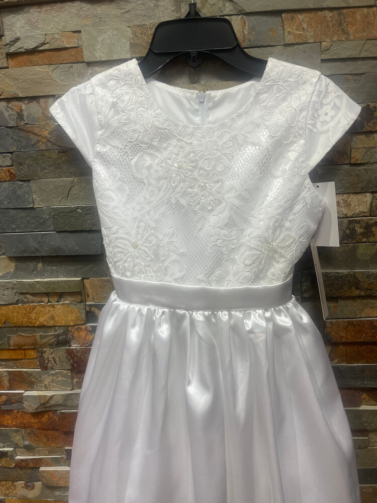 White Satin and Lace Bodice Dress w/ Hand Beaded Embellishments, Size 8