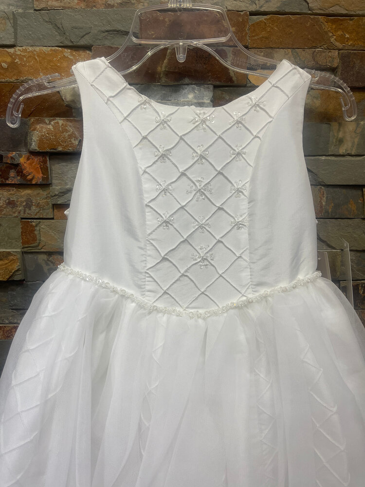 White Sleeveless Dress Beaded with V-Waist, Size 7