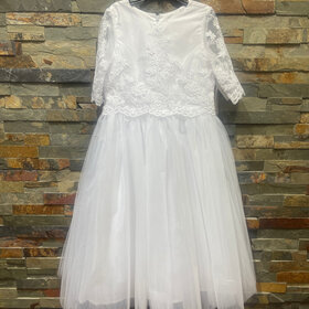 White 3/4 Sleeve Lace Bodice Tulle Skirt Dress, Size 6X