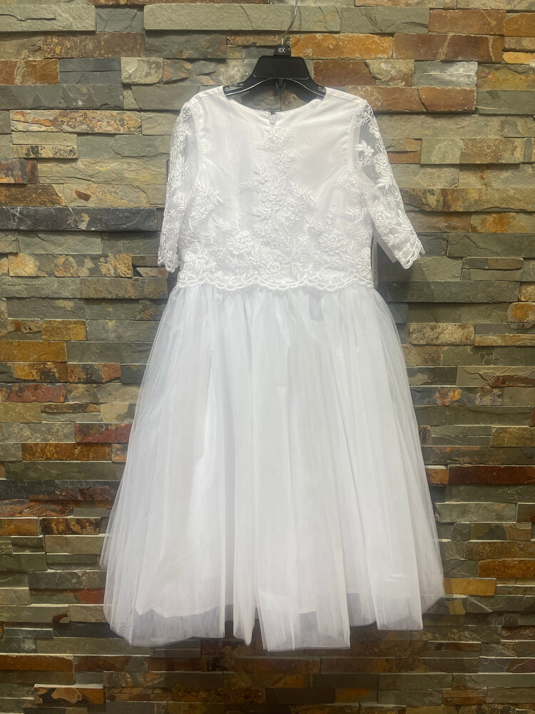 White 3/4 Sleeve Lace Bodice Tulle Skirt Dress, Size 6X