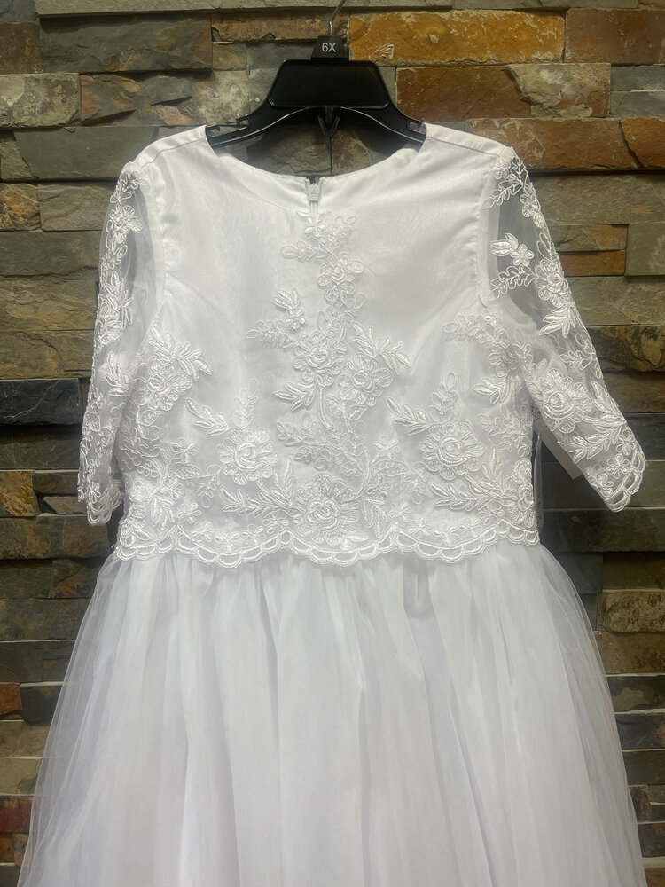 White 3/4 Sleeve Lace Bodice Tulle Skirt Dress, Size 6X