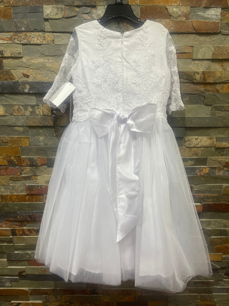 White 3/4 Sleeve Lace Bodice Tulle Skirt Dress, Size 6X