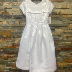 White Taffeta Pleated Dress with Beaded Cross Detail, Size 7