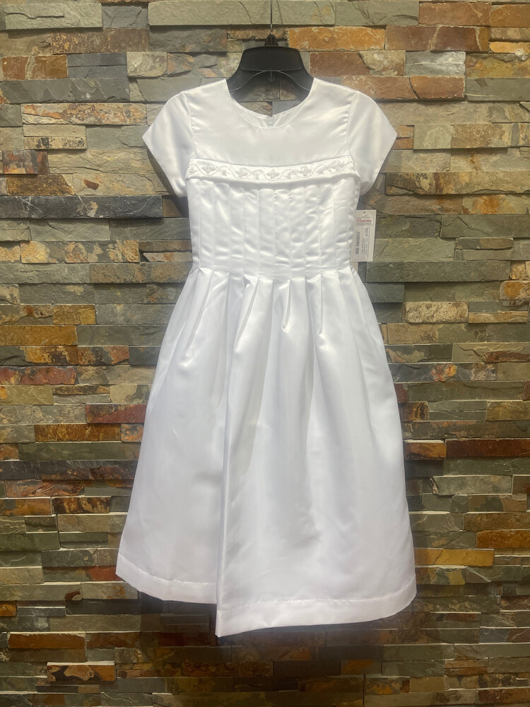 White Taffeta Pleated Dress with Beaded Cross Detail, Size 7