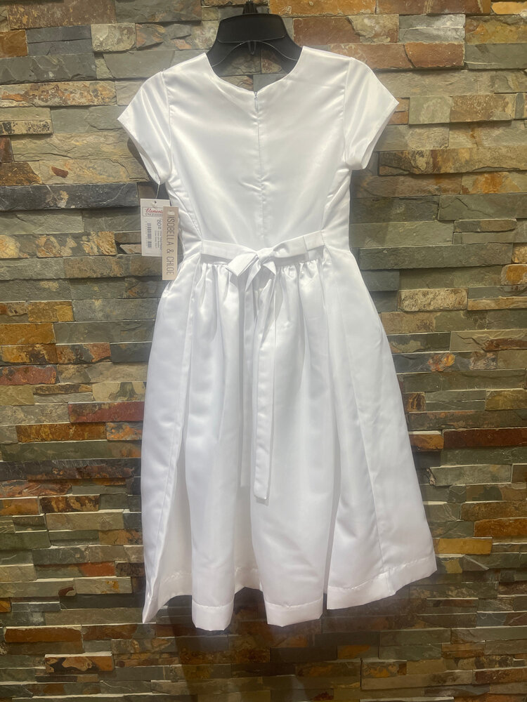 White Taffeta Pleated Dress with Beaded Cross Detail, Size 7
