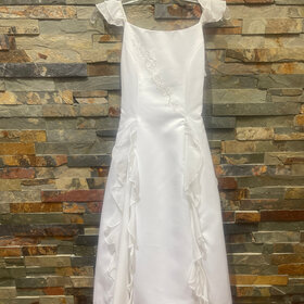 White Chiffon Ruffle and Satin Dress w/Hand Beaded Embellishments, Size 8