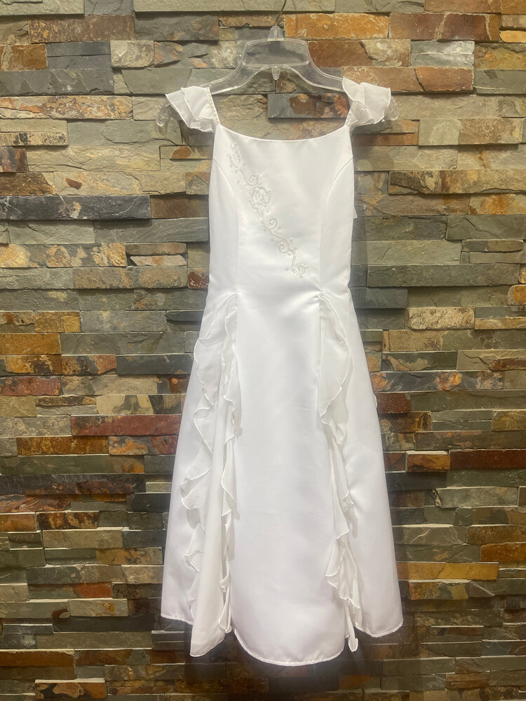 White Chiffon Ruffle and Satin Dress w/Hand Beaded Embellishments, Size 8