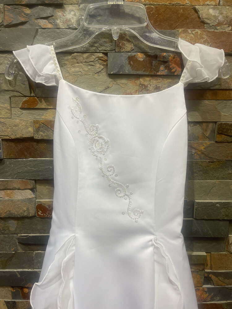 White Chiffon Ruffle and Satin Dress w/Hand Beaded Embellishments, Size 8