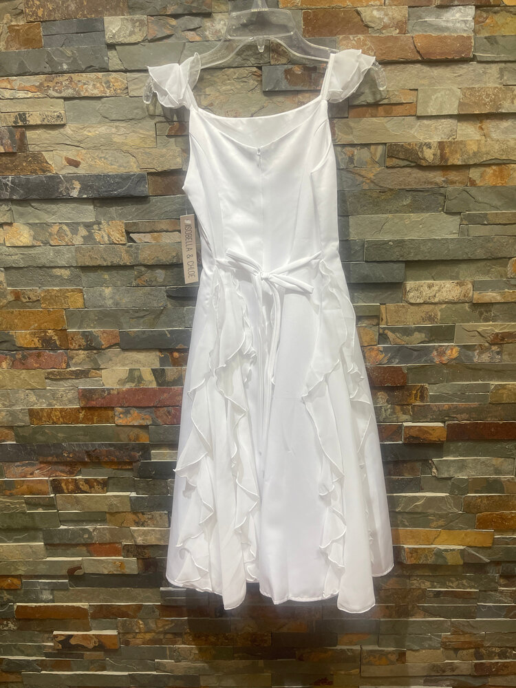 White Chiffon Ruffle and Satin Dress w/Hand Beaded Embellishments, Size 8