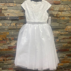 White Tulle Over Satin Cap Sleeve Dress, Size 6X
