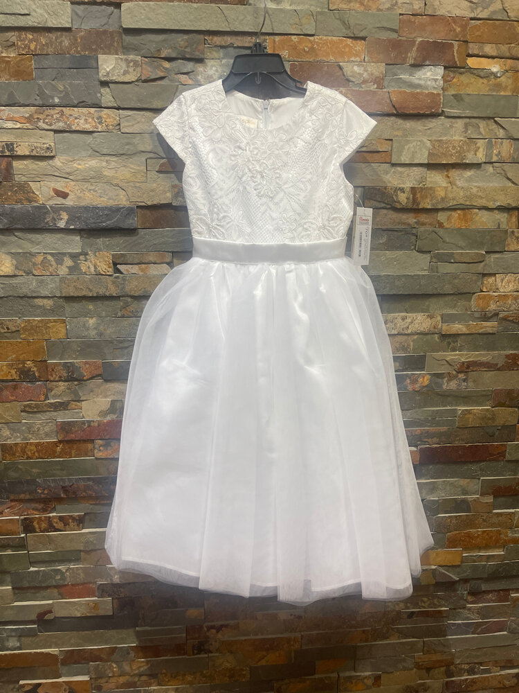 White Tulle Over Satin Cap Sleeve Dress, Size 6X