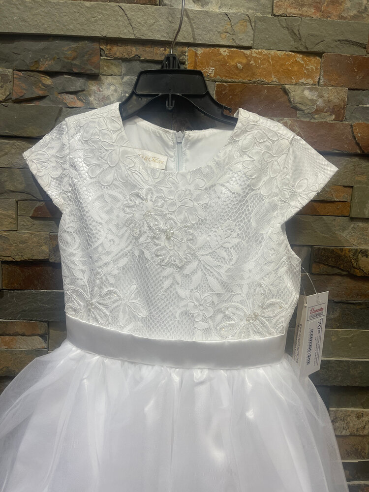 White Tulle Over Satin Cap Sleeve Dress, Size 6X