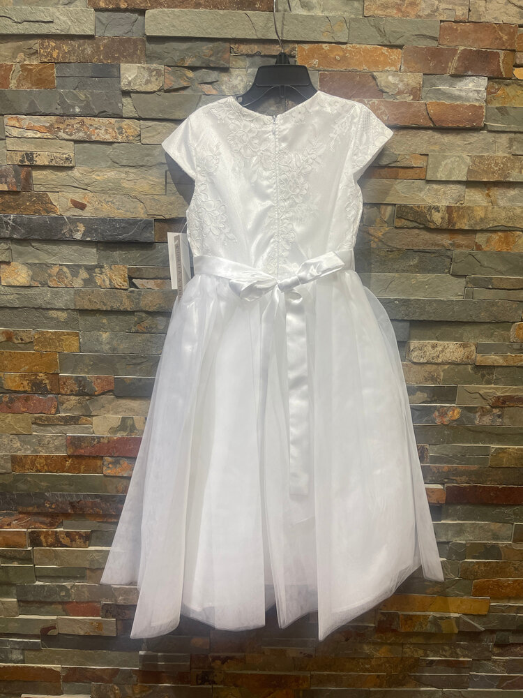 White Tulle Over Satin Cap Sleeve Dress, Size 6X