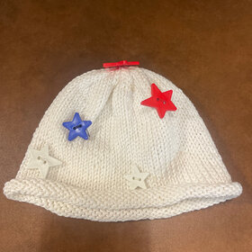 White Knit Hat with Red, White and Blue Star Buttons, Size Infant
