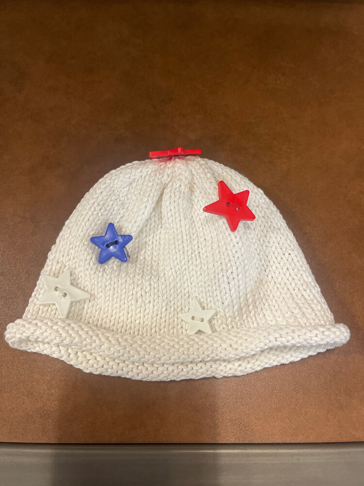 White Knit Hat with Red, White and Blue Star Buttons, Size Infant