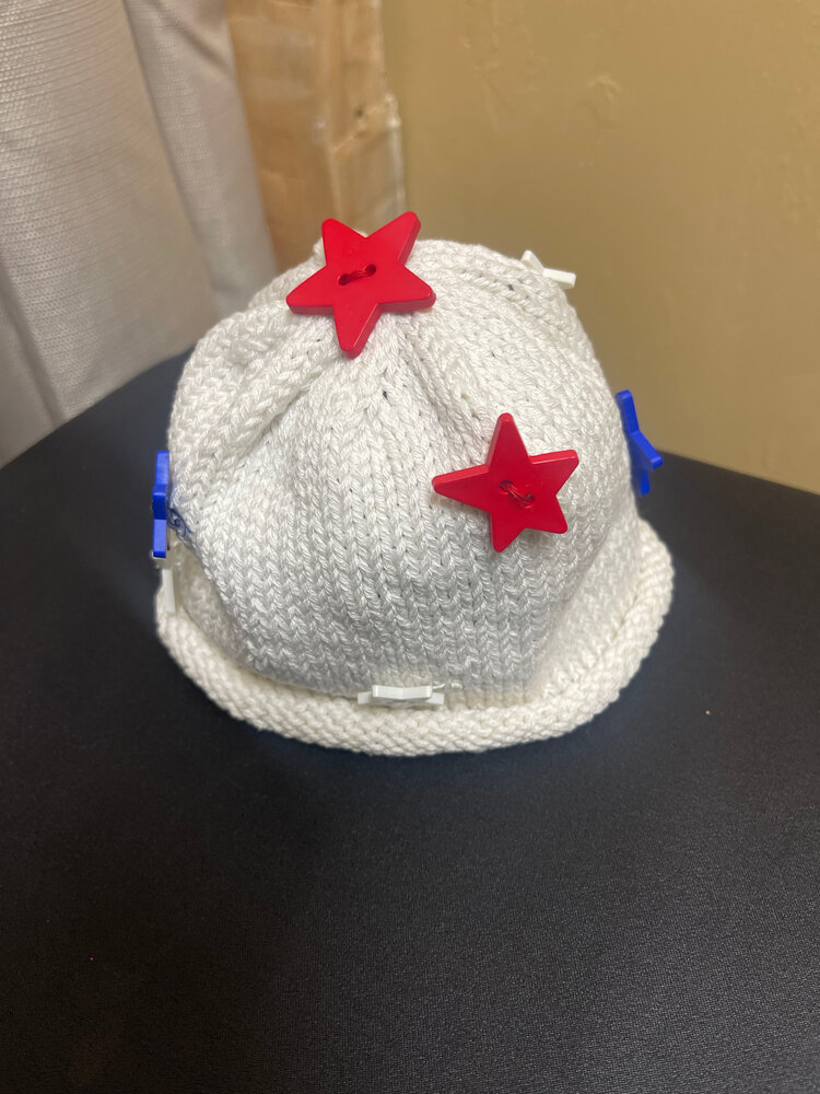 White Knit Hat with Red, White and Blue Star Buttons, Size Infant