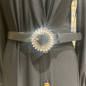 Black Notched Belt with Cubic Zirconia Round Buckle, Size M