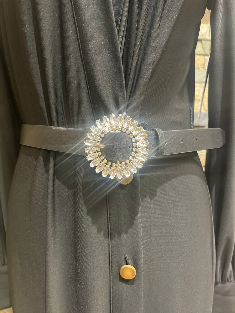 Black Notched Belt with Cubic Zirconia Round Buckle, Size M