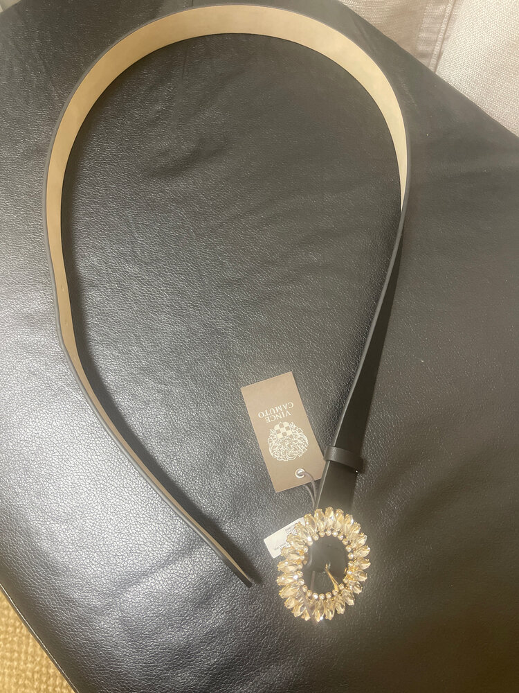 Black Notched Belt with Cubic Zirconia Round Buckle, Size M