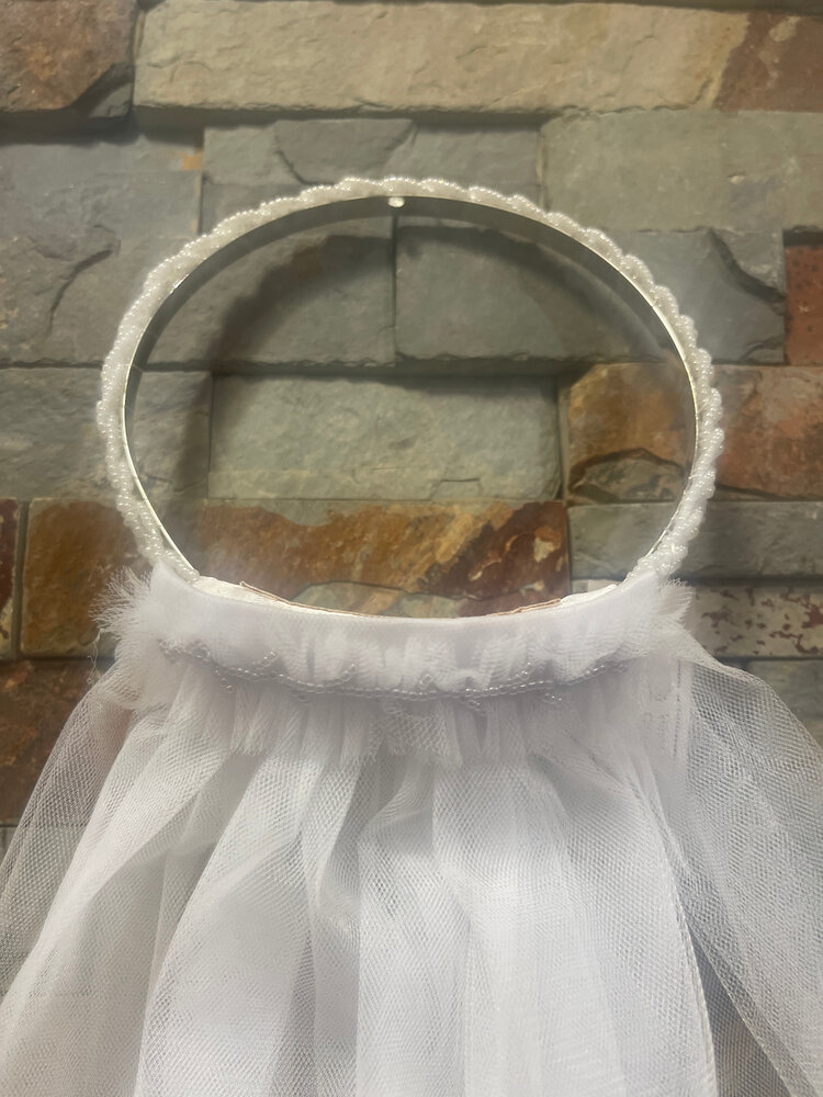 White Braided Bead Communion Comb Tiara with Tiered Veil
