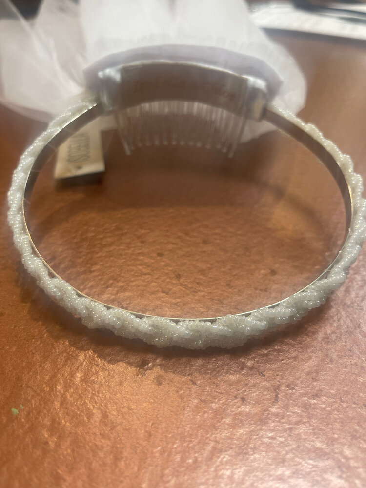 White Braided Bead Communion Comb Tiara with Tiered Veil