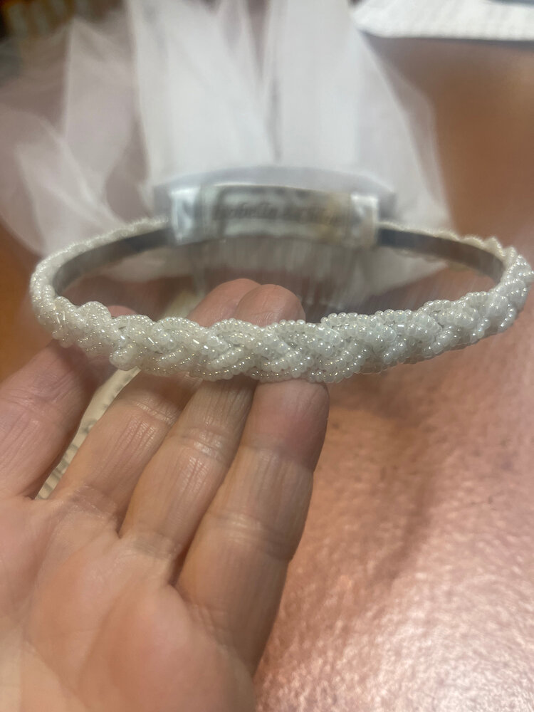 White Braided Bead Communion Comb Tiara with Tiered Veil