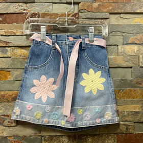 Denim Skirt with Floral Patches and Floral Ribbon Hem, Size 3T